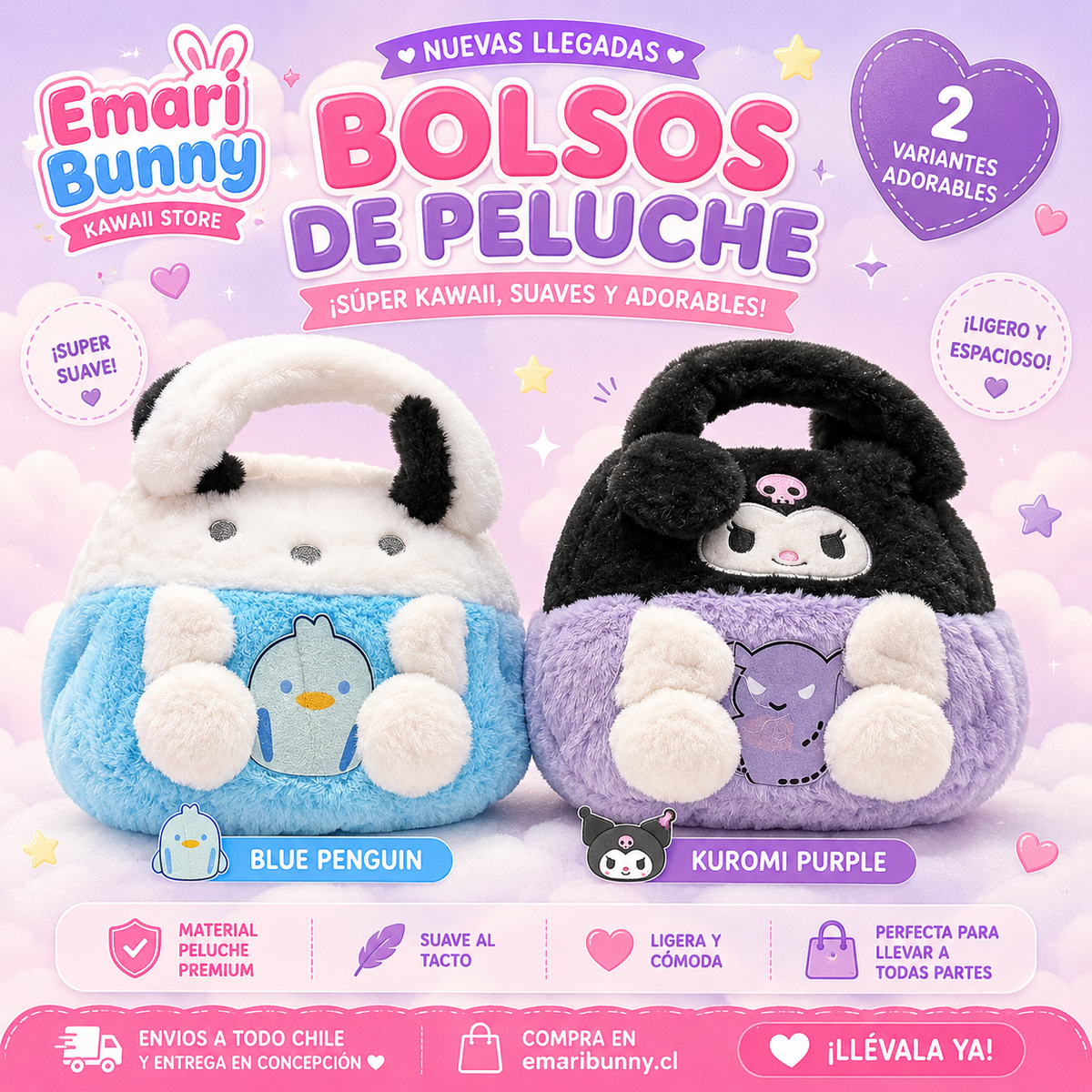 Bolso de peluche Pochacco y Kuromi