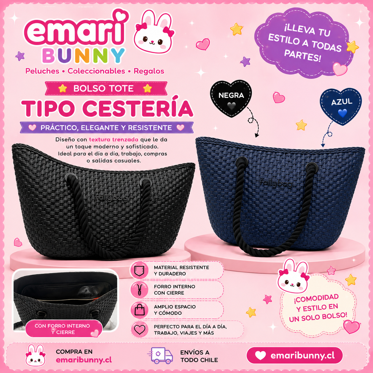 Bolso tote tipo cestería con forro interior