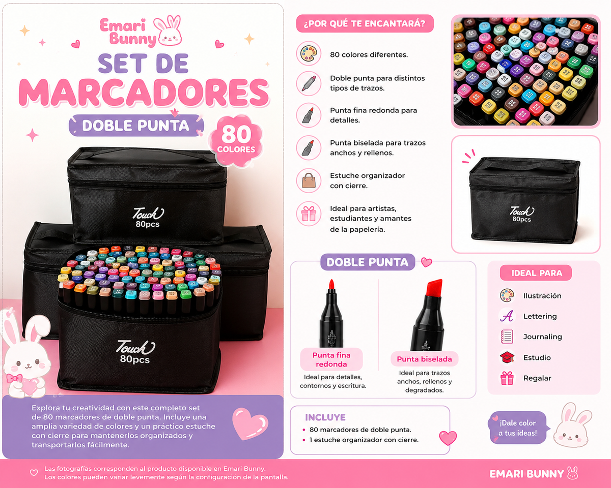 Set de Marcadores Doble Punta 80 Colores