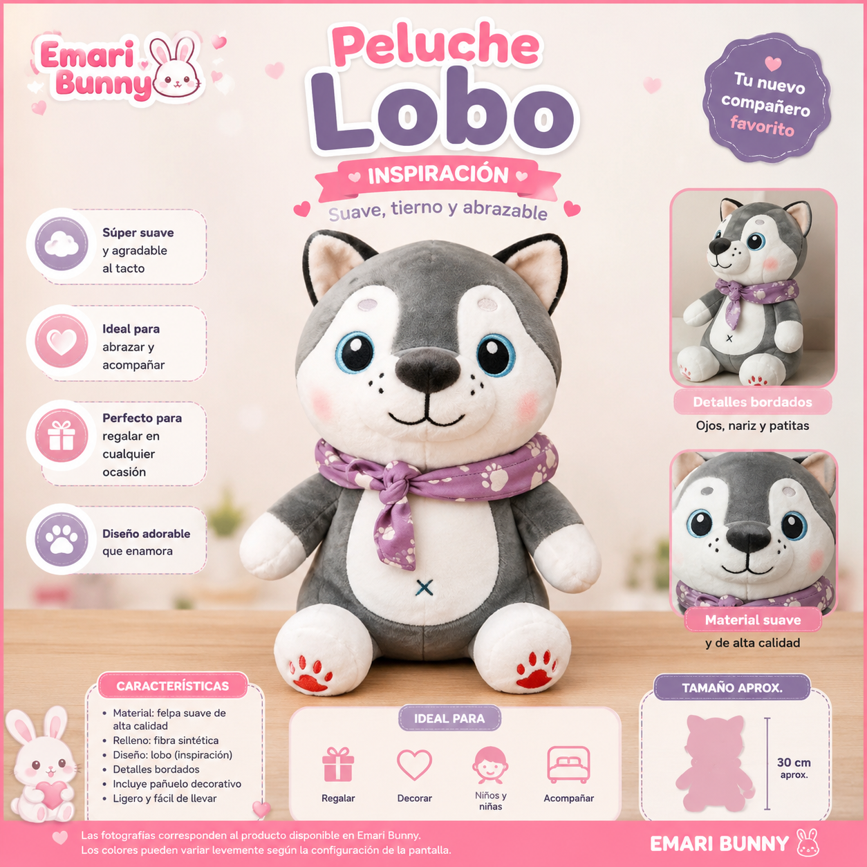 Peluche Lobo Gris con Pañuelo