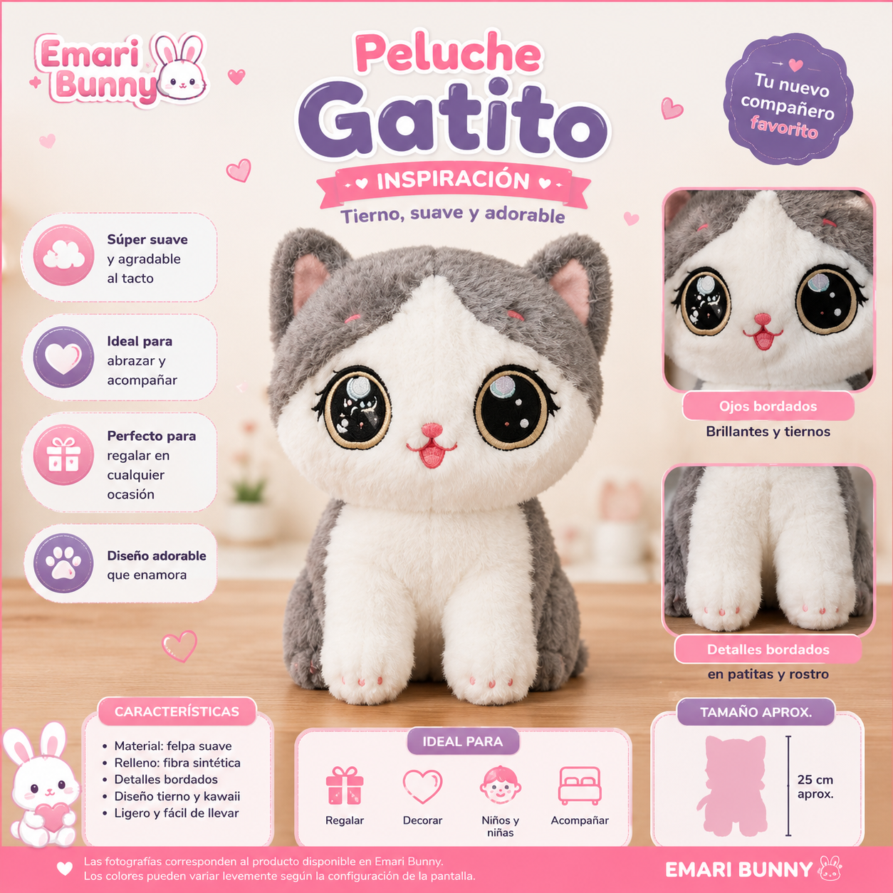 Peluche Gatito Gris Kawaii
