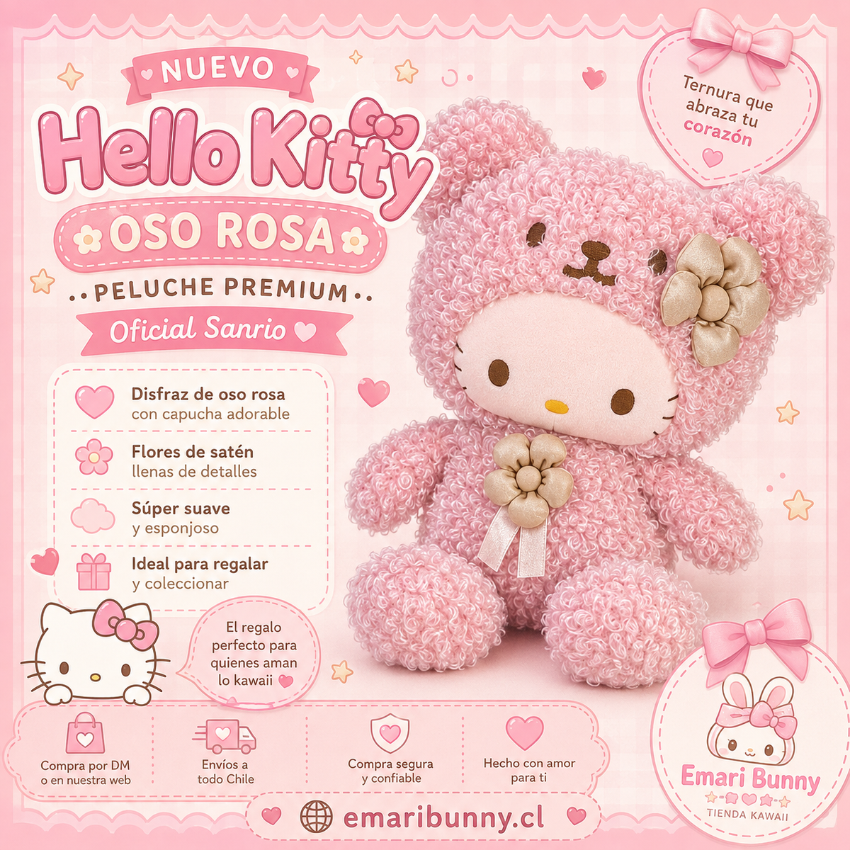 Hello Kitty con Disfraz de Oso Rosa – Peluche Oficial Sanrio