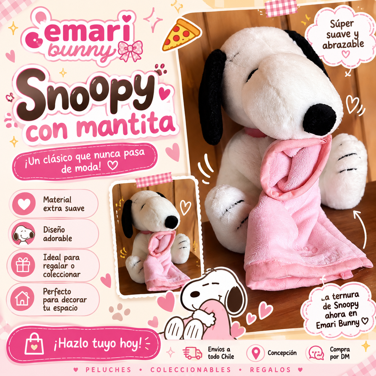 Peluche Snoopy con Mantita Rosa – Peanuts