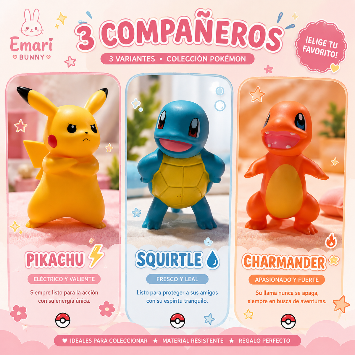 Figuras Pokémon – Pikachu, Squirtle y Charmander